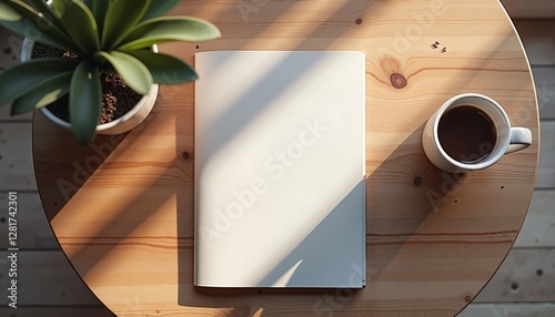 Cozy magazine mockup on wooden table with coffee and plant, warmth