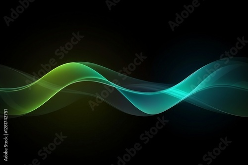 A green and blue wave on a black background. Abstract background with glowing blue and green waves on a black backdrop, a concept of sound or music visualization.