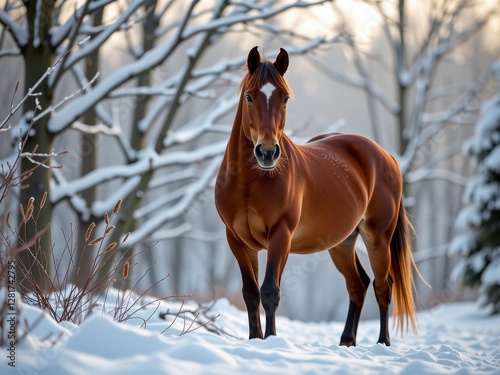 Majestic Chestnut Horse in Snowy Winter Wonderland Serene Winter Landscape