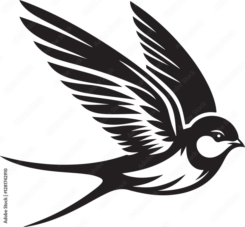 Obraz premium Silhouette vector EPS of a swallow bird in flight with outstretched wings. Perfect for nature logos, birdwatching themes, tattoo designs, and wildlife illustrations.