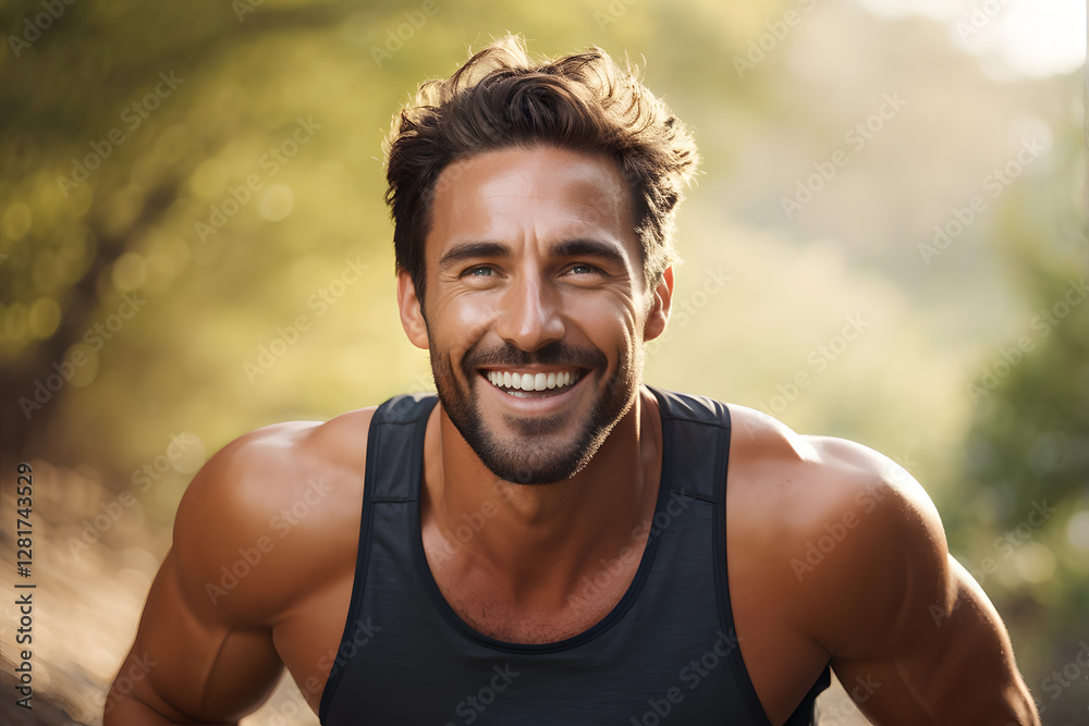 A man with a big smile on his face is wearing a black tank top A man with a big smile on his face is wearing a black tank top
