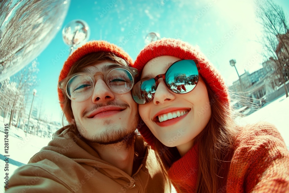 Obraz premium Commercial digital ads visual idea. Valentine's day, lovers couple: stunning dazzling, image of loving caucasian young couple. Sign of love and affection. Romantic vibes. Valentine's promo.
