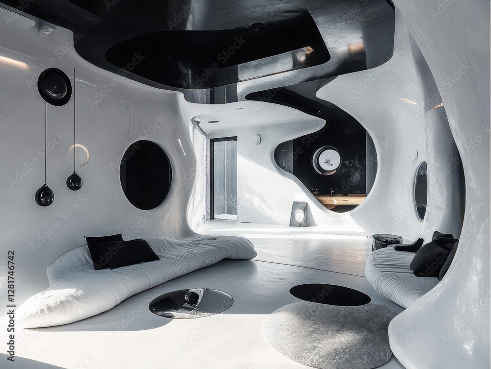 A modern interior design features white and black contrast A modern interior design features white and black contrast