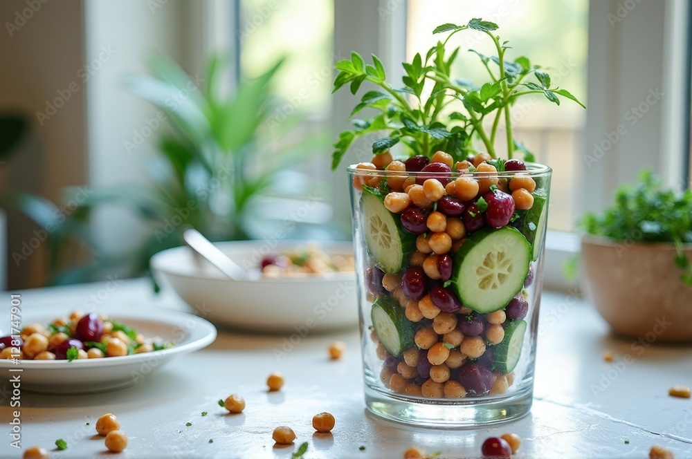 Fresh summer salad with chickpeas, kidney beans, and cucumbers in glass jar Fresh summer salad with chickpeas, kidney beans, and cucumbers in glass jar