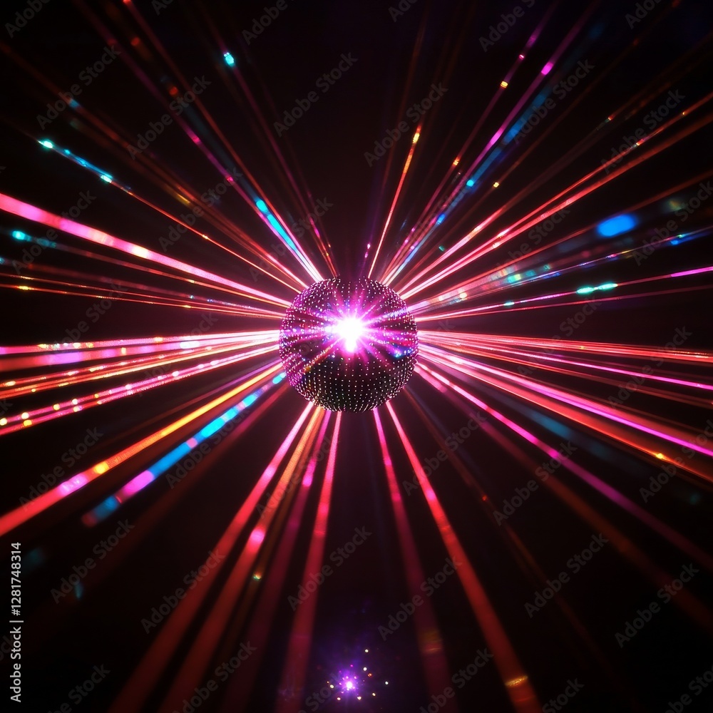 Naklejka premium Disco Ball Explosion: Shimmering Sphere Unleashing a Kaleidoscope of Vibrant Light Rays in the Dark