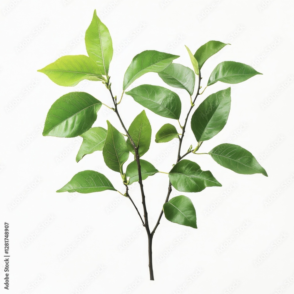 Fresh Green Leaves on a Branch, Isolated on White - A Study in Botanical Simplicity and Clean Presentation Fresh Green Leaves on a Branch, Isolated on White - A Study in Botanical Simplicity and Clean Presentation