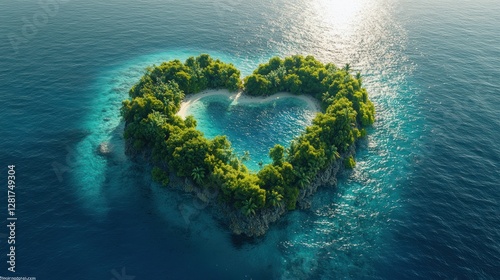 Heart-shaped island, ocean, aerial view, sunny