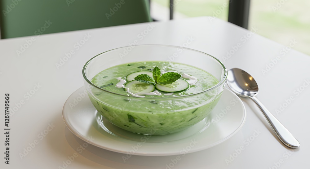 Refreshing Cucumber Gazpacho Soup in Glass Bowl with Mint Garnish