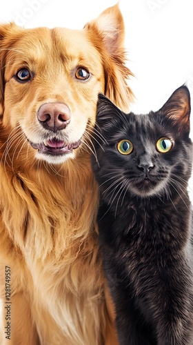 Portrait of happy dog ​​and cat looking at camera together isolated on white background, friendship between dog and cat, amazing friendship of pets