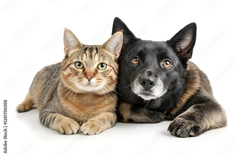 Fototapeta premium Portrait of happy dog and cat looking at camera together isolated on white background, friendship between dog and cat, amazing friendship of pets