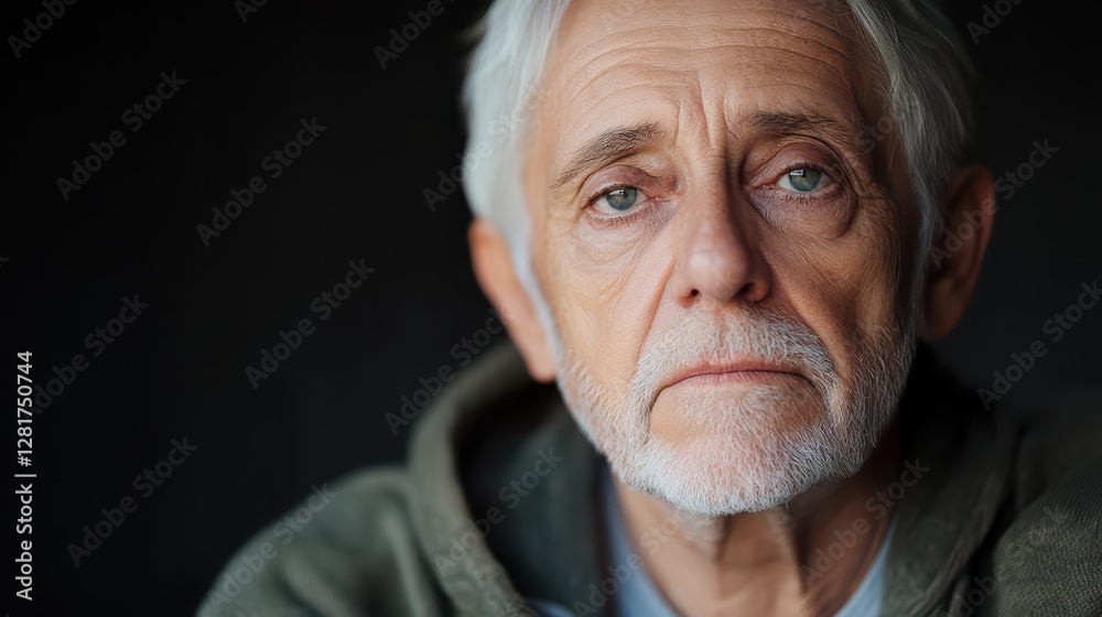 An older gentleman with gray hair and striking blue eyes sits quietly in a dimly lit indoor space. His expression reflects deep thought and introspection, wearing a hooded top An older gentleman with gray hair and striking blue eyes sits quietly in a dimly lit indoor space. His expression reflects deep thought and introspection, wearing a hooded top