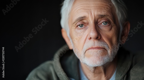 An older gentleman with gray hair and striking blue eyes sits quietly in a dimly lit indoor space. His expression reflects deep thought and introspection, wearing a hooded top photo