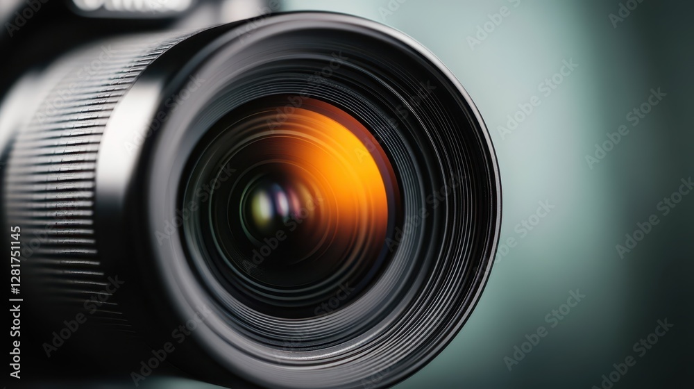 A detailed view of a professional camera lens showcases reflections and colors. Soft lighting from the background enhances the artistic focus on the lens A detailed view of a professional camera lens showcases reflections and colors. Soft lighting from the background enhances the artistic focus on the lens