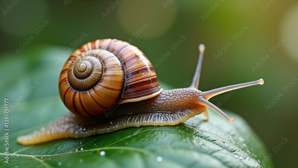 Detailed close-up of snail on leaf with shell patterns in natural setting Detailed close-up of snail on leaf with shell patterns in natural setting