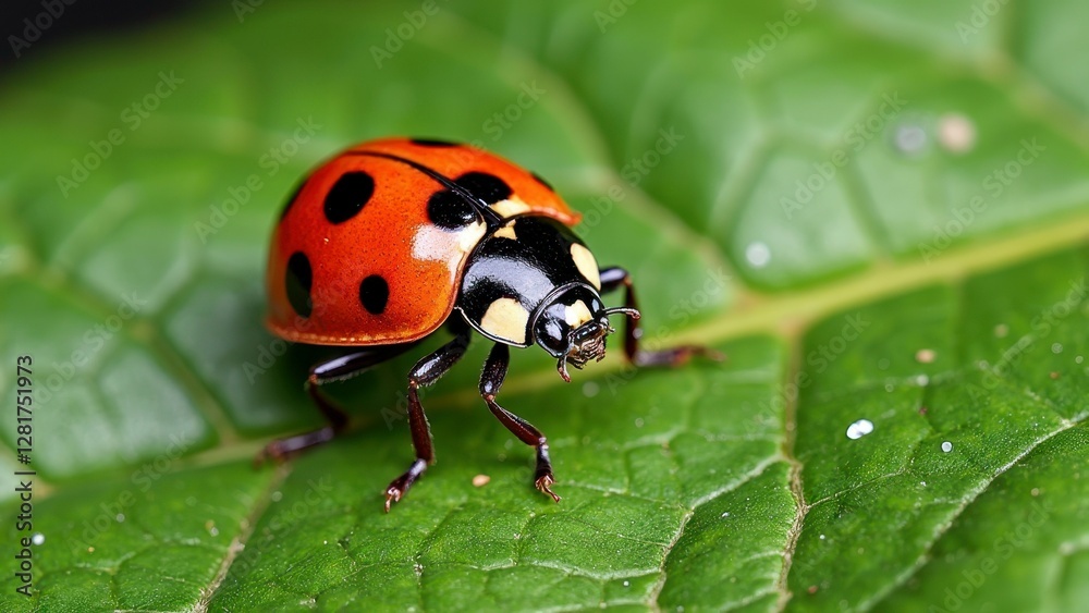 Close-up of a vibrant ladybug on a green leaf in nature Close-up of a vibrant ladybug on a green leaf in nature