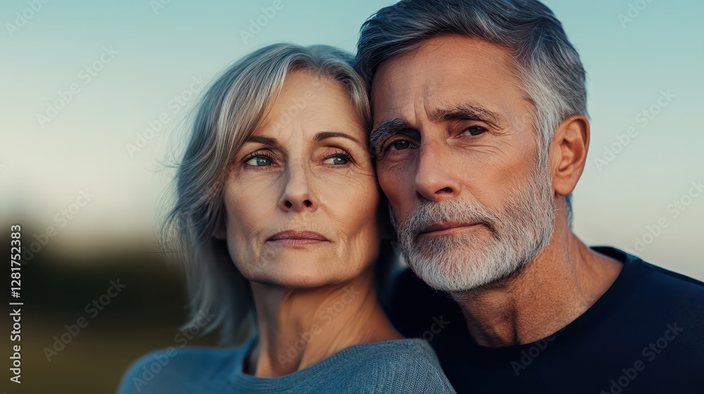 A mature couple stands close together, sharing an intimate moment. Both have thoughtful expressions, surrounded by nature during a tranquil evening light A mature couple stands close together, sharing an intimate moment. Both have thoughtful expressions, surrounded by nature during a tranquil evening light