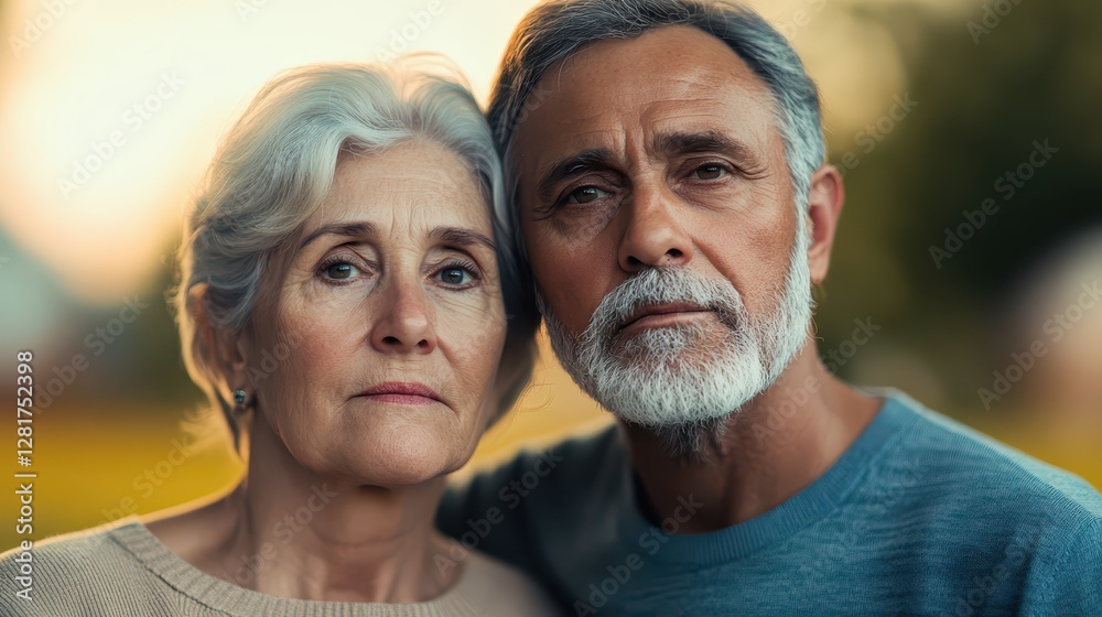 An elderly couple stands close together, gazing into each other's eyes with deep emotion. The golden sunset lights the background, enhancing their bond and warmth An elderly couple stands close together, gazing into each other's eyes with deep emotion. The golden sunset lights the background, enhancing their bond and warmth