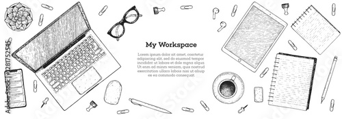 Office desk table top view sketch. Workspace with laptop, notebook, coffee cup, plant, pencil, pen, glasses, headphones. Hand drawn vector illustration. Business concept.