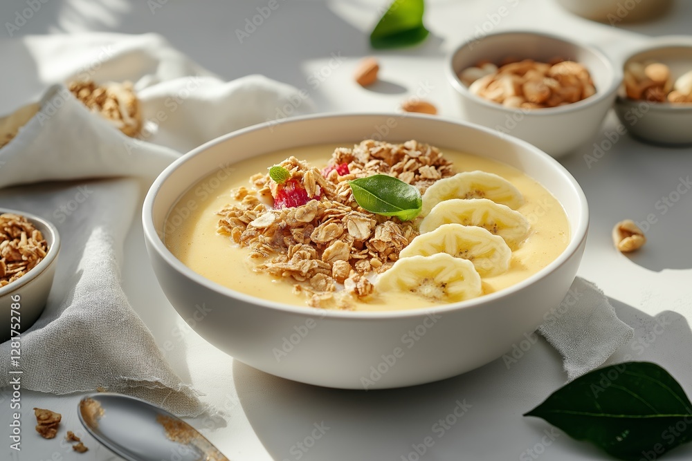 A delicious smoothie bowl with granola on kitchen table, perfect for lazy mornings. Enjoy a healthy and vibrant start to the day with fresh ingredients. A delicious smoothie bowl with granola on kitchen table, perfect for lazy mornings. Enjoy a healthy and vibrant start to the day with fresh ingredients.