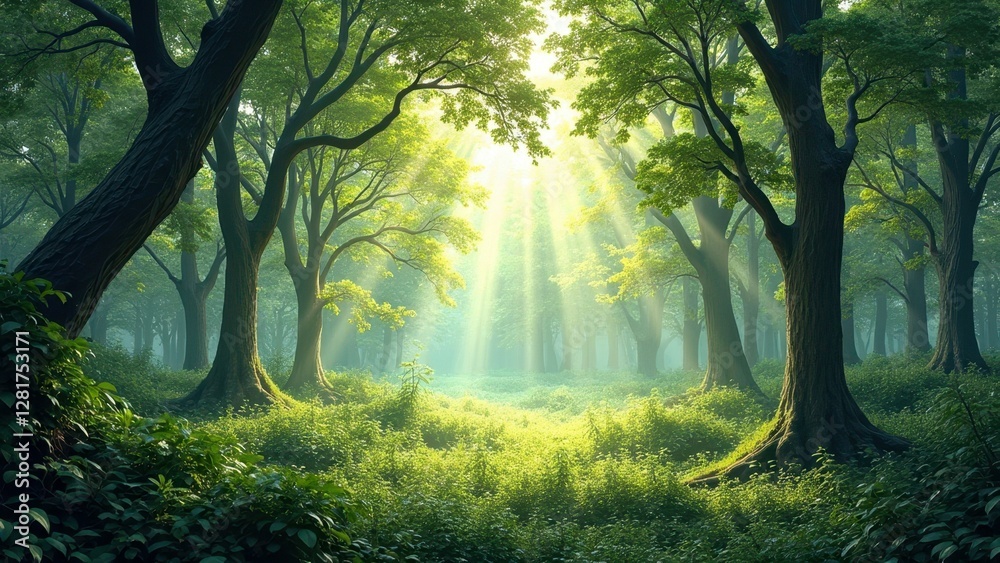 Obraz premium Sunlit forest with lush greenery and majestic trees