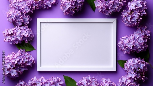 Lilac frame mockup, purple background, spring design photo