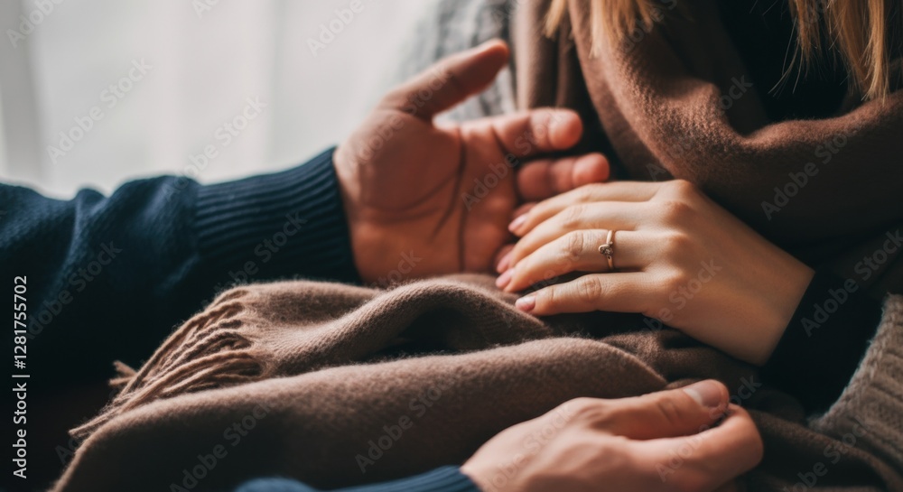 Close-up of couple embracing in warm blanket with engagement ring visible Close-up of couple embracing in warm blanket with engagement ring visible
