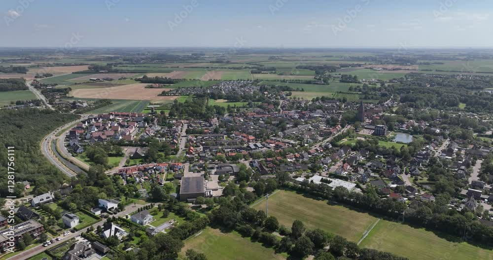 Oostkapelle, small village in Zeeland, The Netherlands. Recreation and tourism in Zeeland. Urban enviroment. Aerial drone view. Oostkapelle, small village in Zeeland, The Netherlands. Recreation and tourism in Zeeland. Urban enviroment. Aerial drone view.