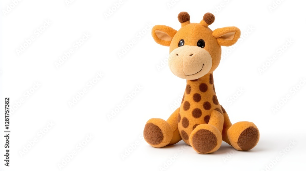 A soft, smiling giraffe toy features a warm orange color with brown spots. It sits comfortably, appealing to young children and perfect for playtime or cuddling A soft, smiling giraffe toy features a warm orange color with brown spots. It sits comfortably, appealing to young children and perfect for playtime or cuddling