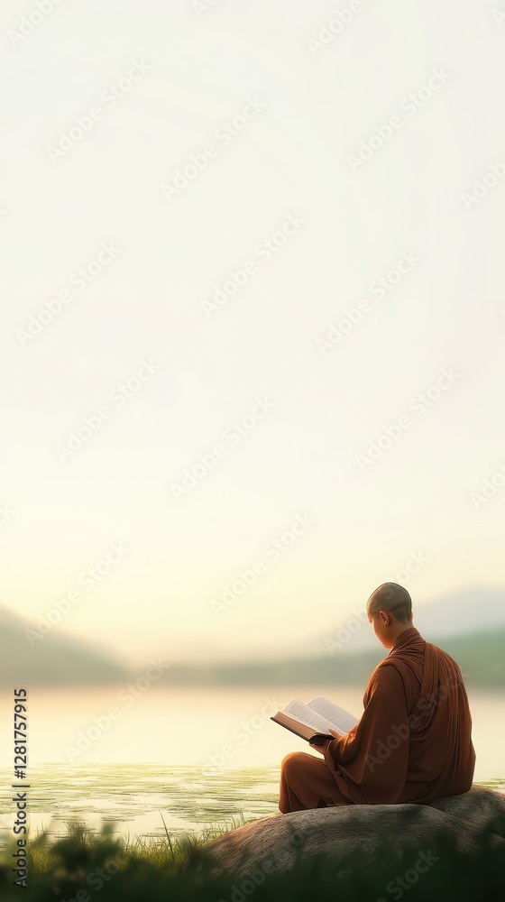 Fototapeta premium A monk sits peacefully by a tranquil lake, engrossed in reading a book. The soft hues of the sunset create a calm atmosphere, with mountains silhouetted in the background
