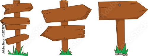 Illustration of three wooden signboards in a cartoon style, featuring grass and stones at the base. Perfect for decorative, game, or illustrative purposes