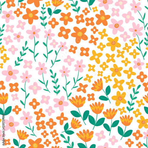 Little tiny flowers hand drawn vector seamless pattern. Doodle illustrations with stylized decorative floral elements. Cute hand drawn flat plants background. For textiles, clothing, bed linen.