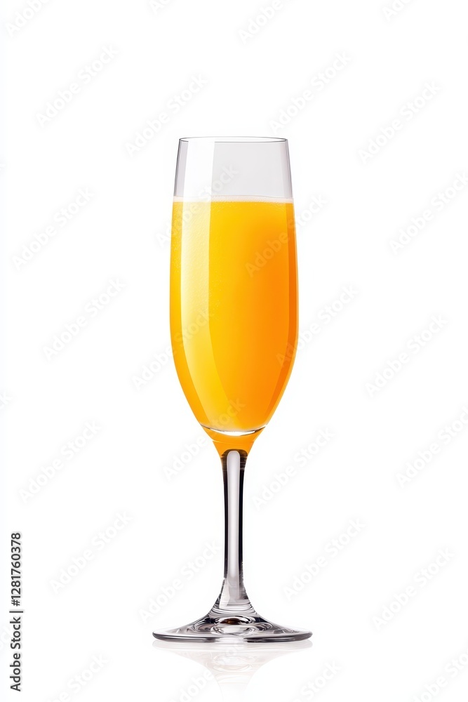 A champagne flute filled with vibrant orange juice stands on a minimalist surface. The bright color of the juice contrasts with the clear glass, creating an appealing presentation A champagne flute filled with vibrant orange juice stands on a minimalist surface. The bright color of the juice contrasts with the clear glass, creating an appealing presentation
