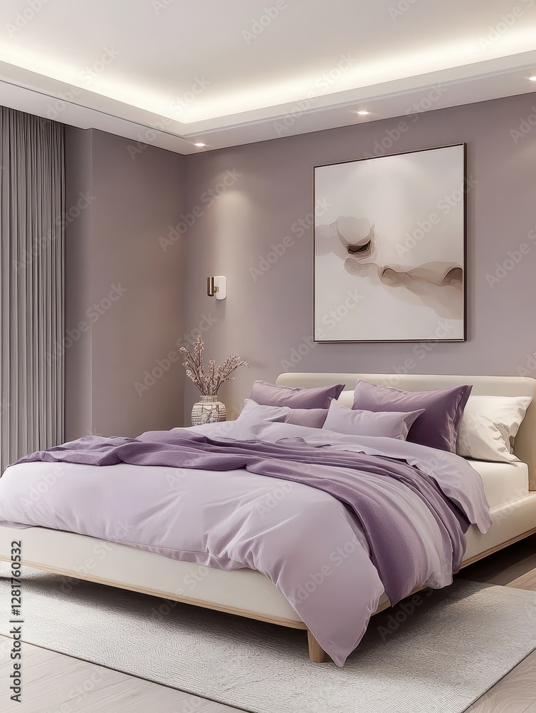 Obraz premium A modern bedroom featuring a bed and decorative elements