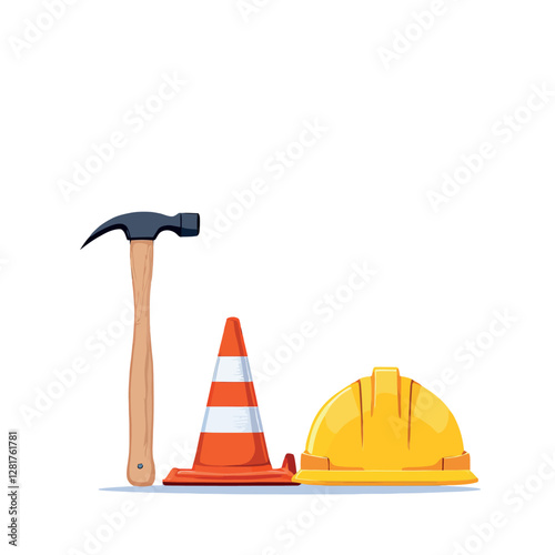 Vsai hammer, traffic cone and hard hat representing construction work