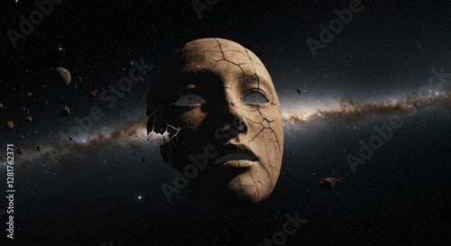 Cosmic oracle cracked mask floating in the expanse whispering secrets photo