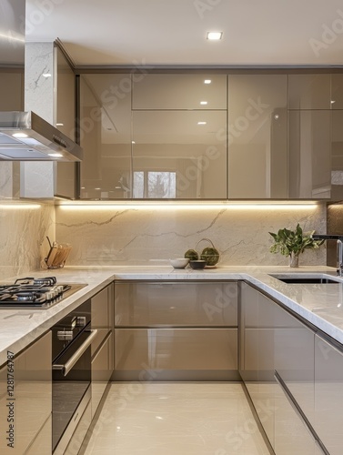 Modern kitchen design showcasing a U shaped layout and stylish elements