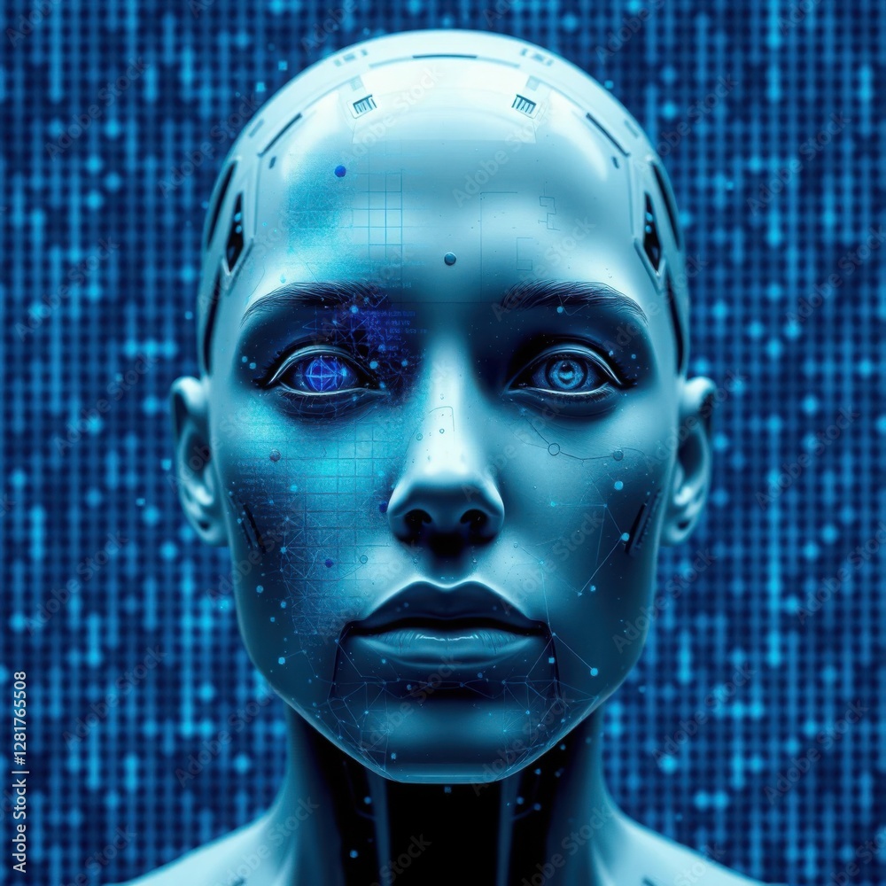 Futuristic AI Cybernetic Woman with Digital Technology Background Futuristic AI Cybernetic Woman with Digital Technology Background