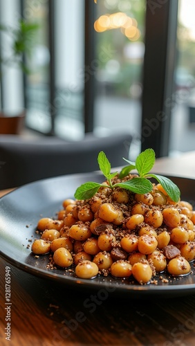 Close-up of cooked lupini beans with mint garnish in restaurant setting photo