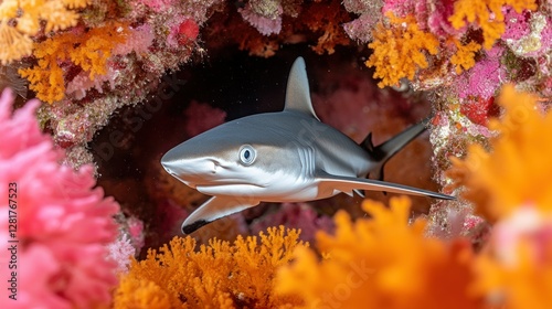 Fototapeta Naklejka Na Ścianę i Meble -  Gray reef shark in coral cave, vibrant coral reef background.  Possible use Nature, marine life, wildlife photography