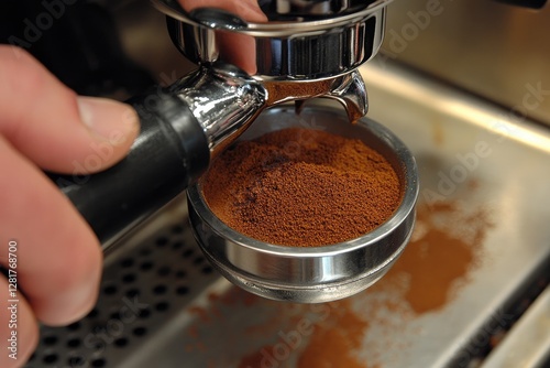 Espresso Preparation Ground Coffee Being Added To Portafilter