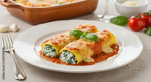 Delicious Cannelloni Pasta Rolls Filled with Spinach and Cheese on Plate