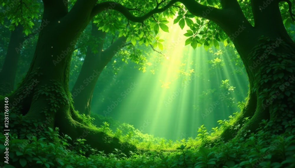Obraz premium Emerald crown, dense foliage overhead, sunlight filtering through, sunlight, branches, nature