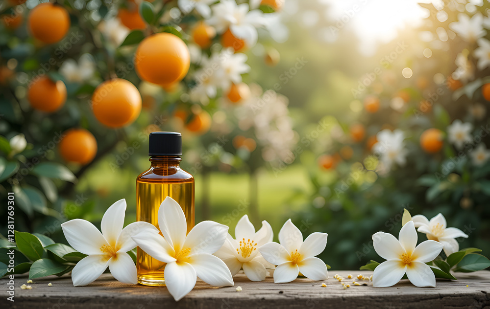 orange essential oil bottle against oranges garden. Ai generated