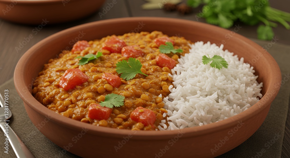 Delicious Lentil Dal Curry with Rice and Fresh Cilantro Garnishing Delicious Lentil Dal Curry with Rice and Fresh Cilantro Garnishing