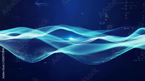 Bright, flowing waves of light move across a dark background, creating a captivating atmosphere in a contemporary digital setting. The visual display emphasizes patterns and motion.