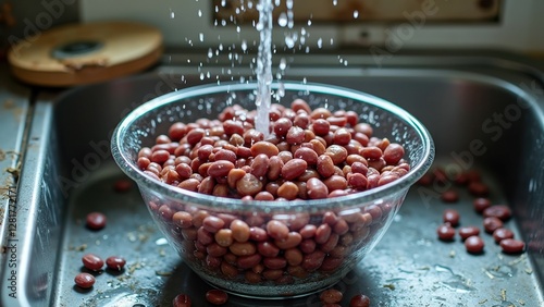 Fresh red beans rinsing in glass bowl with running water in kitchen sink
