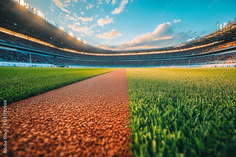 Fototapeta premium Exciting sports atmosphere at a well-lit stadium during an outdoor event with a vibrant sky and lush green field