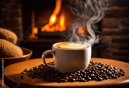 steam rising from coffee mug surrounded aromatic coffee beans cozy setting warm lighting, espresso, warmth, beverage, drink, cup, black, latte, froth