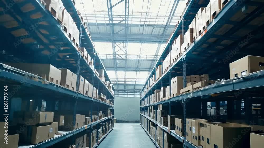 Rows of shelving are lined with brown boxes in a spacious warehouse ...