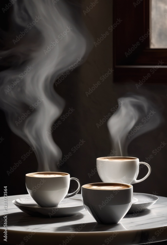 Fototapeta premium sleek coffee cups surrounded swirling steam polished surface creating calm modern aesthetic, artisanal, barista, beverage, brand, ceramic, chic, comfortable